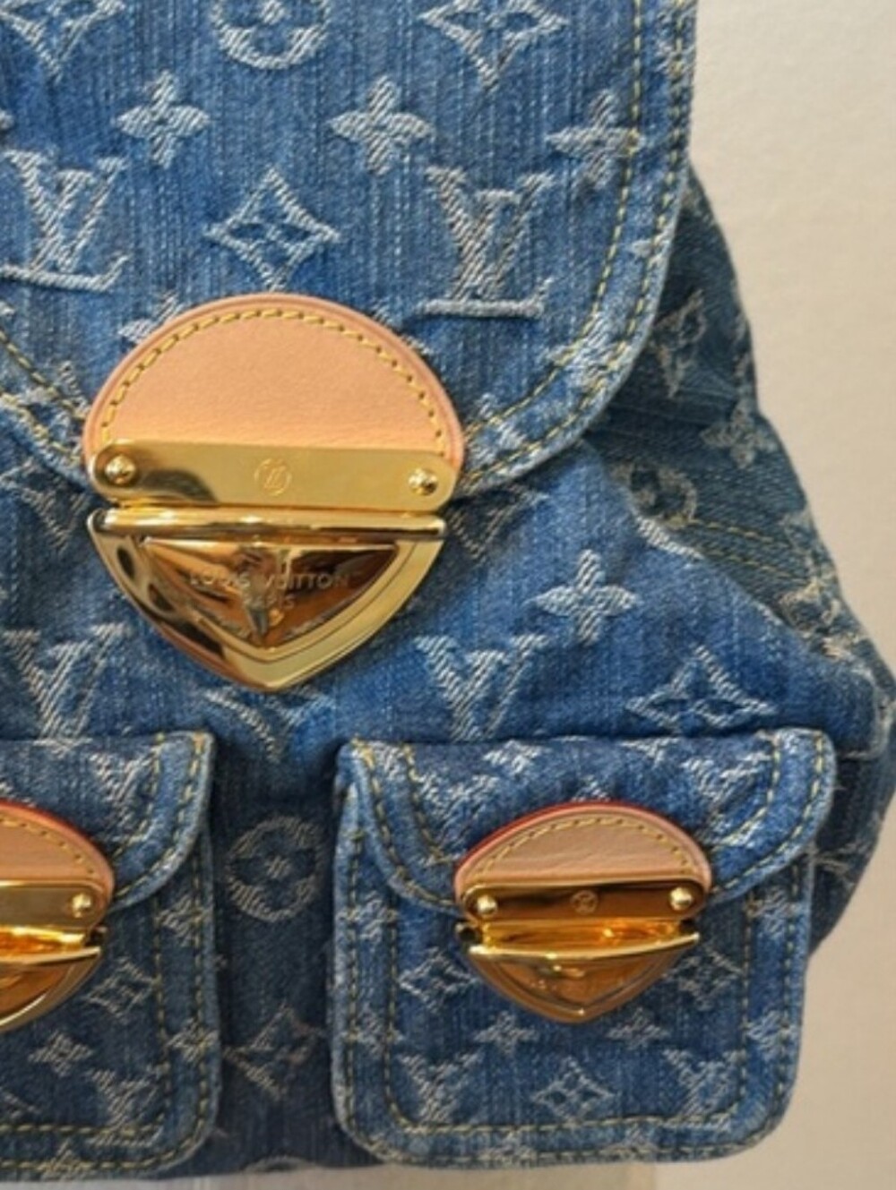 Cotton Remix Blue Monogram Denim Midi Backpack Tan Trim - Picture 9 of 16